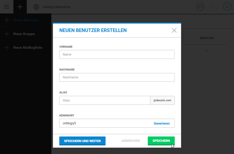 IceWarp Benutzer anlegen (Dialog)
