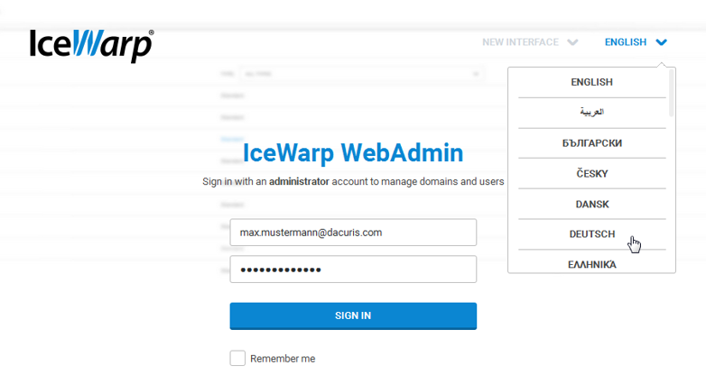 IceWarp Anmeldung WebAdmin